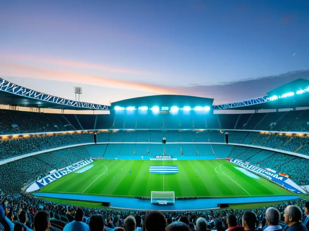 Estadio Centenario, hogar de la historia y leyendas del boxeo uruguayo, bajo un cielo crepuscular, desbordante de fervientes hinchas