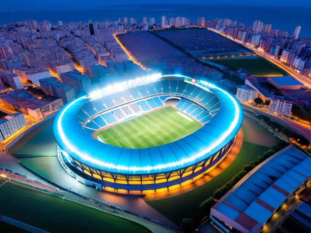 Estadio Centenario en Montevideo, Uruguay, iluminado durante un emocionante partido de fútbol, reflejando la relación entre fútbol y cultura uruguaya