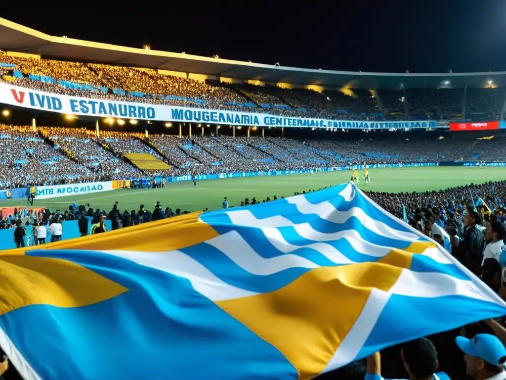 Estadio Centenario en Montevideo lleno de fervor, colores patrios y pasión por el fútbol uruguayo, con Forlán y Suárez como protagonistas