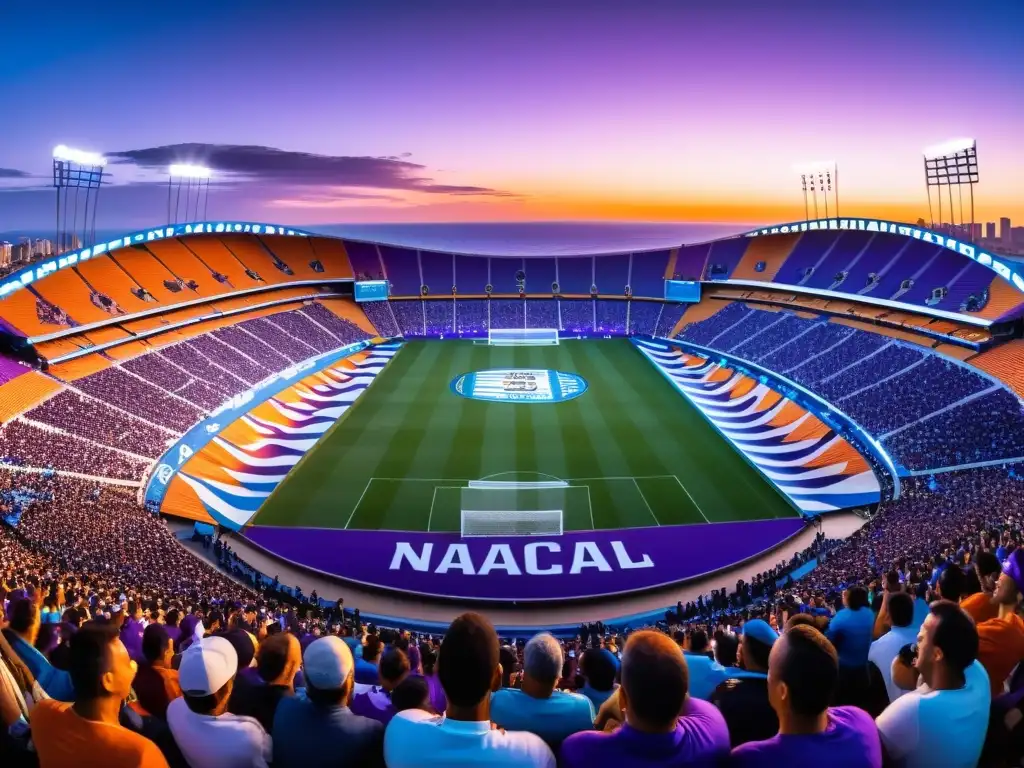 Un estadio en Montevideo vibrando con la importancia cultural del fútbol en Uruguay, bajo un cielo pintado por el atardecer