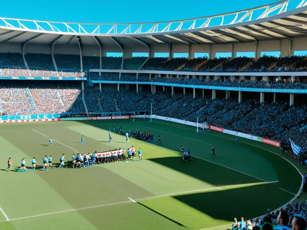 Estadio Charrúa lleno de aficionados al rugby uruguayo, reflejando la cultura rugby Uruguay unión nacional, en un emocionante partido al atardecer