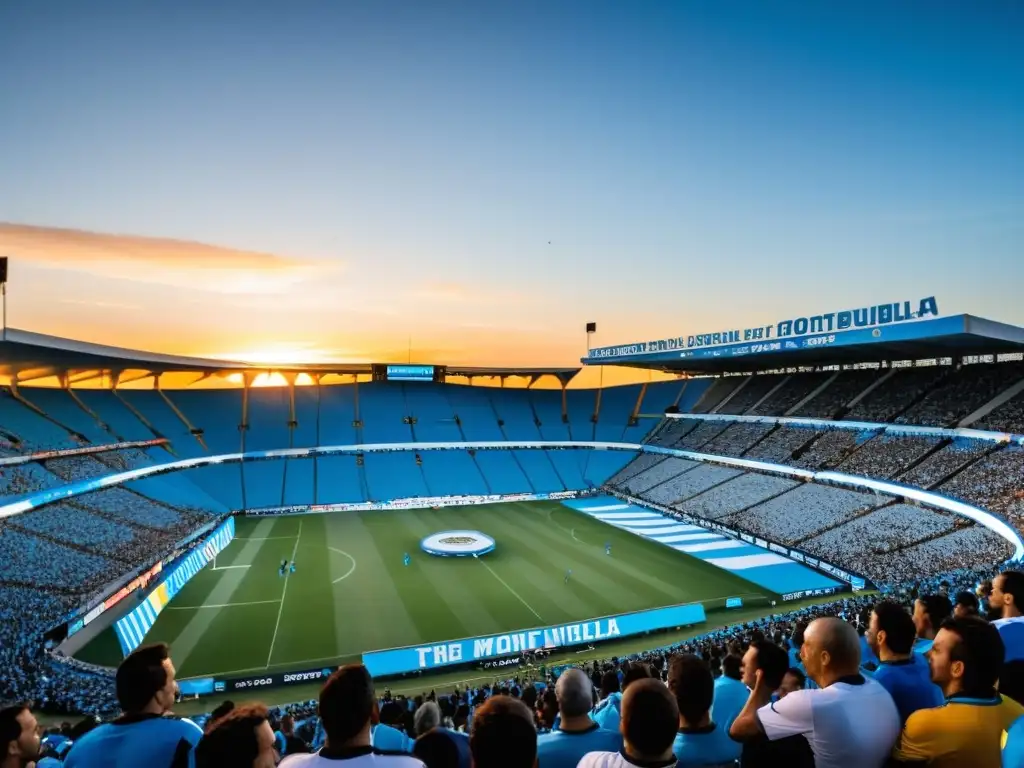 Estadio de fútbol en Montevideo, Uruguay, lleno de fans apasionados, reflejando la relación entre fútbol y cultura uruguaya