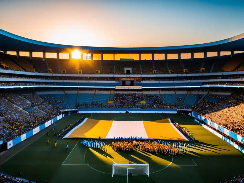 Estadio de fútbol uruguayo lleno de pasión y cultura, teñido por el atardecer anaranjado, con los jugadores en acción y fans enarbolando banderas