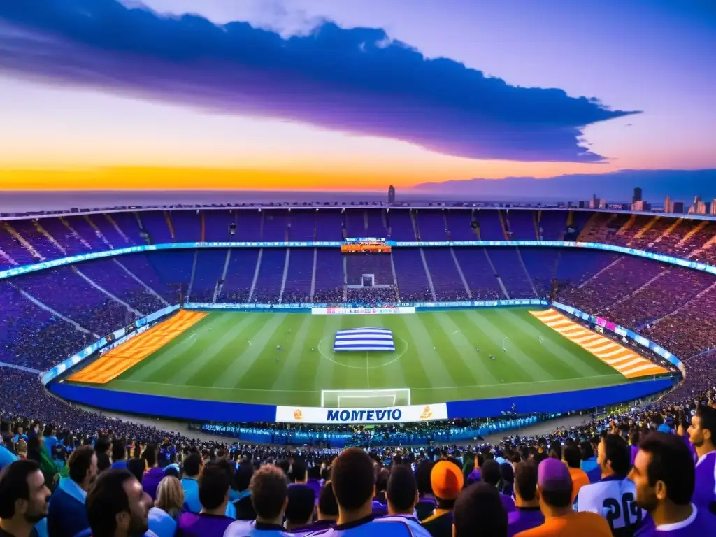 Estadio uruguayo repleto al atardecer, reflejando la cultura y pasión por el fútbol uruguayo en cada rostro y bandera