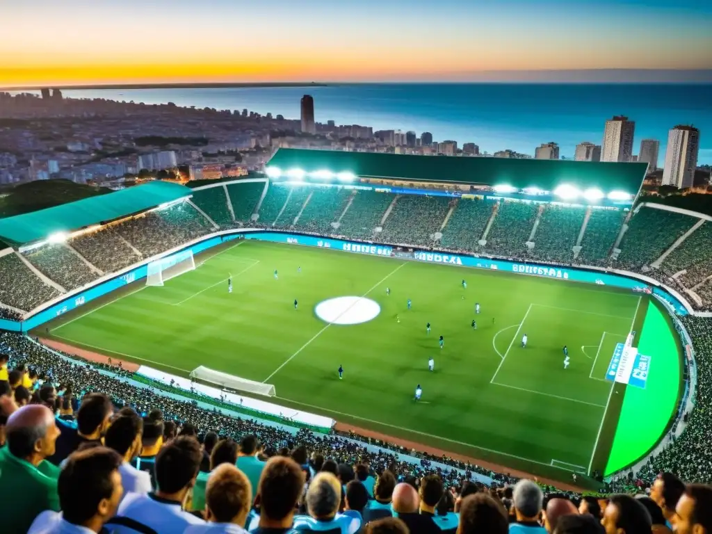 Estadio uruguayo vibrante bajo el atardecer, abarrotado de pasión por el fútbol uruguayo cultura y tradición, en pleno partido emocionante