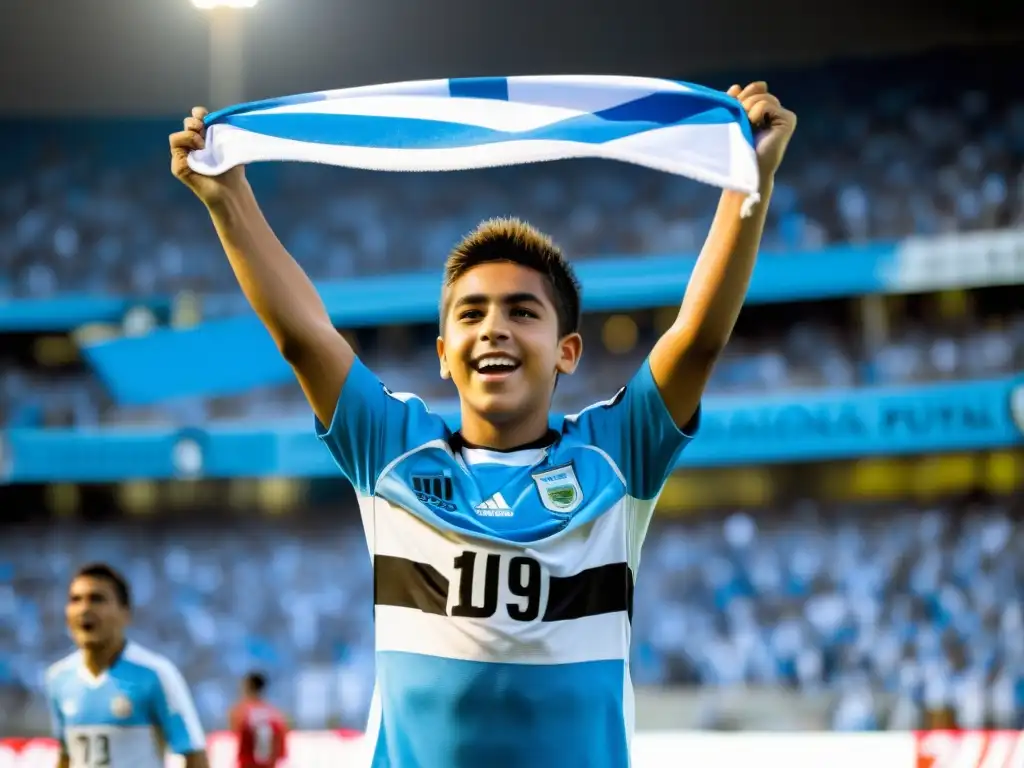 Estadio uruguayo vibrante, lleno de fans apasionados por el fútbol uruguayo, cultura y pasión en pleno juego, con un niño aspirante en primer plano