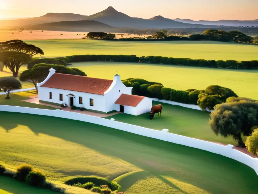 Estancia El Charabón en Uruguay, un reflejo de las tradicionales 'Estancias uruguayas tradición campo belleza', bañada por el suave atardecer dorado