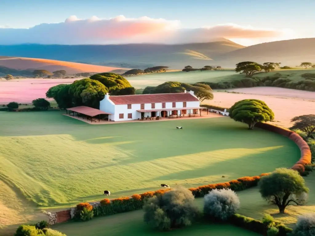 Estancia uruguaya tradicional al amanecer, casa rústica, ganado en pastos verdes y viñedo frondoso para el turismo rural en Uruguay estancias