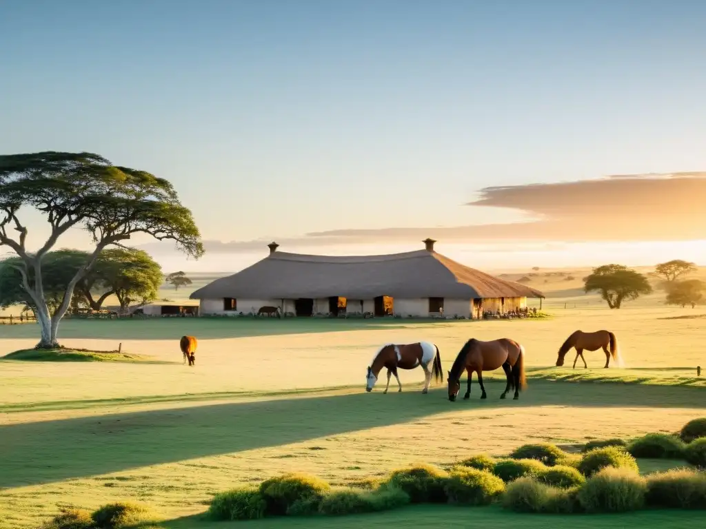 Estancia uruguaya al amanecer, bañada en dorados matices matutinos, ejemplificando las estancias ecoturismo Uruguay naturaleza