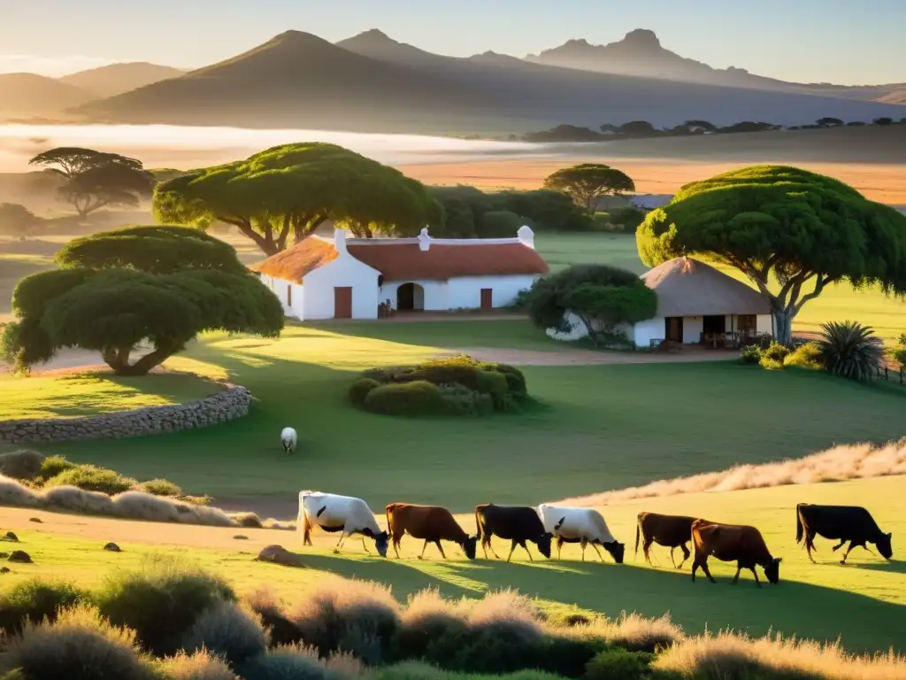 Estancia uruguaya iluminada por un cálido amanecer, gauchos trabajando junto a la naturaleza, símbolo de las estancias de ecoturismo en Uruguay