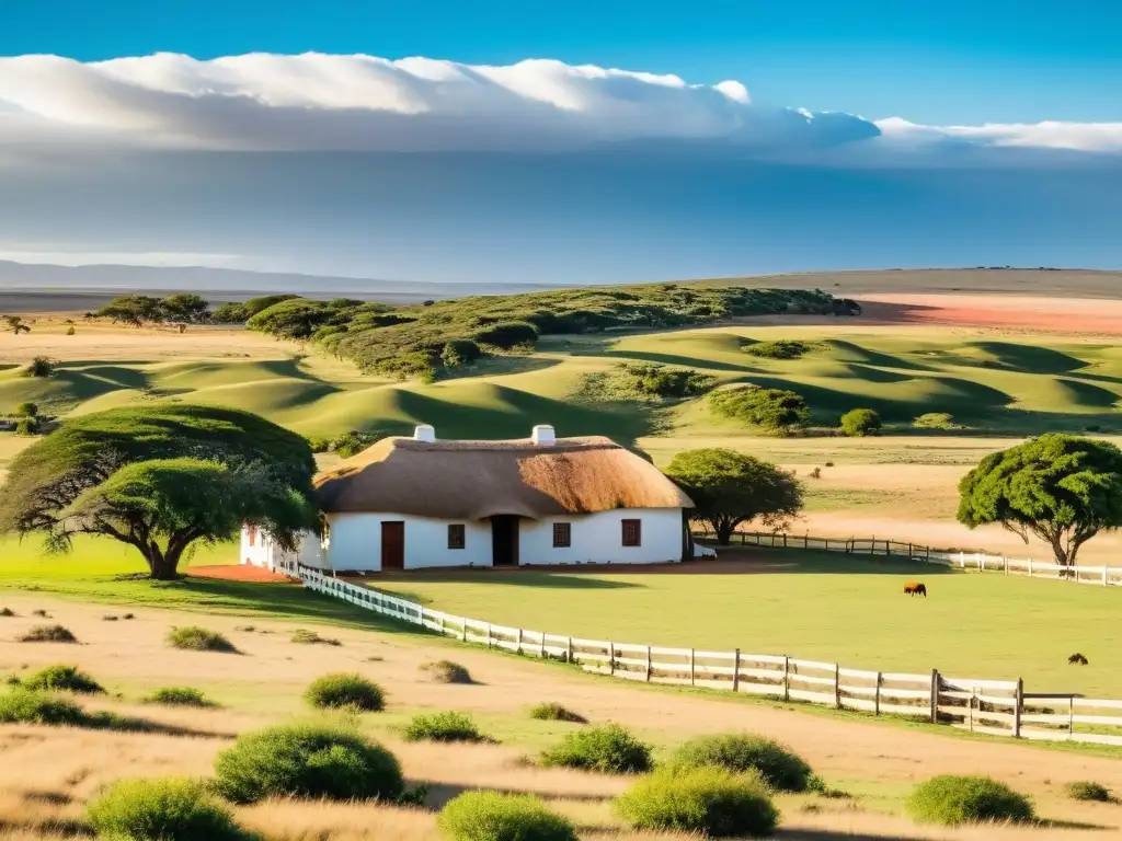 Estancias culturales en la pampa uruguaya: gauchos preparándose en una antigua hacienda bajo un cielo inmenso y ganado paciendo en la distancia