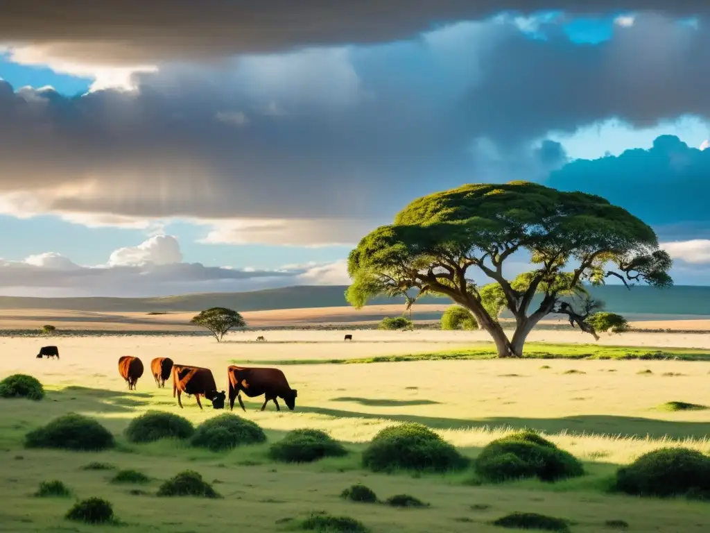 Estancias culturales en la pampa uruguaya, con un gaucho a caballo, ganado pastando y el sol cayendo sobre la vasta planicie