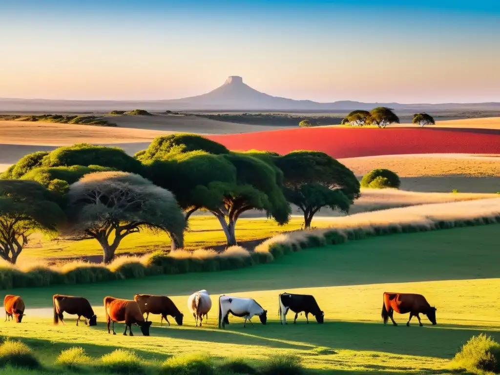 Estancias culturales en la pampa uruguaya, contemplando un atardecer que abraza una antigua casa de campo, gauchos, y el infinito paisaje