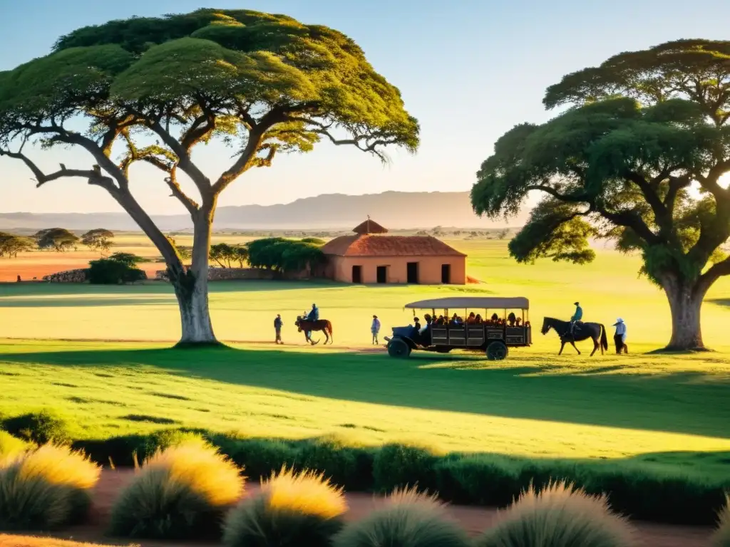 Estancias culturales en la pampa uruguaya: turistas plantando árboles al atardecer dorado, ganado pastando, energía sostenible y cielo en llamas