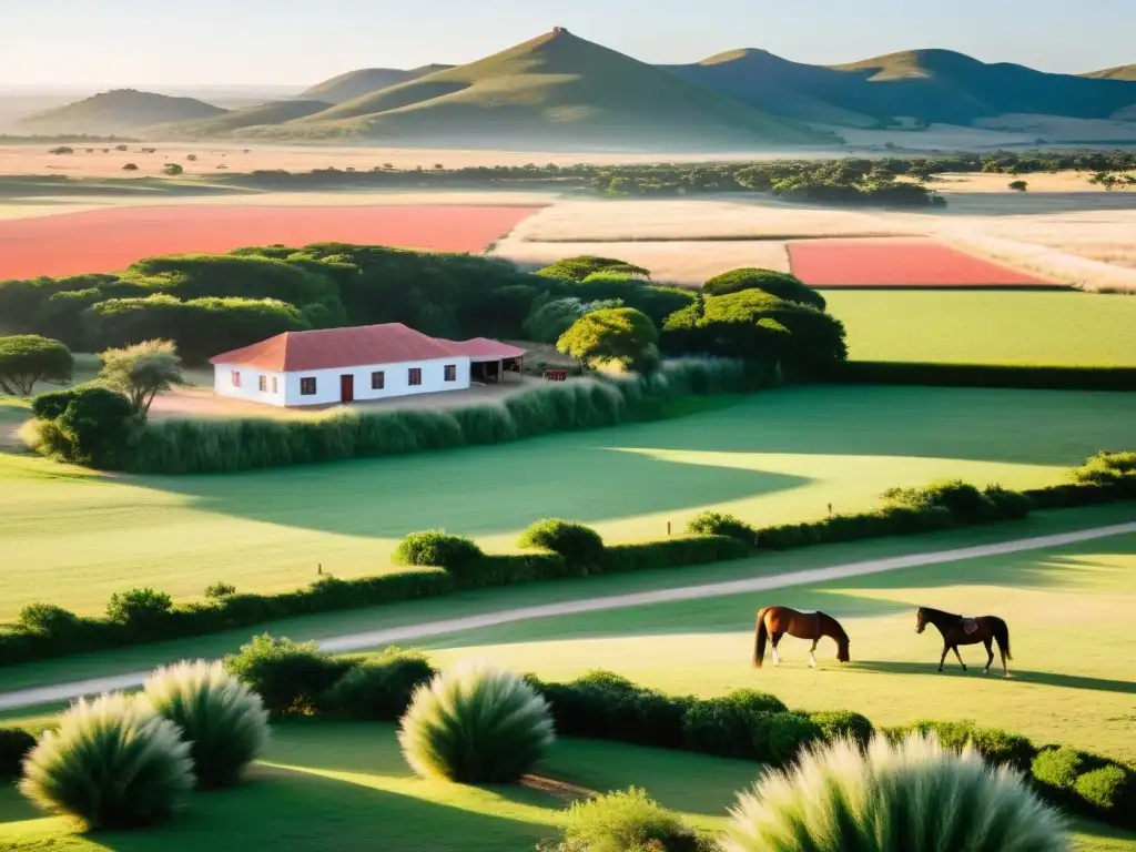 Estancias de ecoturismo en Uruguay, un amanecer en la naturaleza: caballos pastando, casas rústicas y colinas verdes cubiertas de niebla