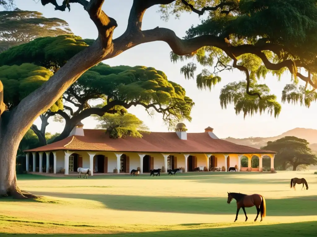 Estancias históricas Uruguay viaje tiempo: Un antiguo y majestuoso rancho uruguayo, bañado por el dorado atardecer, con caballos y gauchos