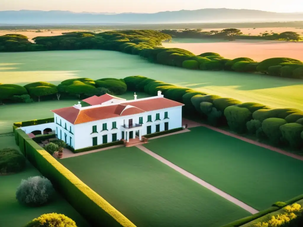 Estancias históricas Uruguay viaje tiempo: atardecer mágico en antiguo rancho, ganado pastando y colinas, evocando una tranquila eternidad