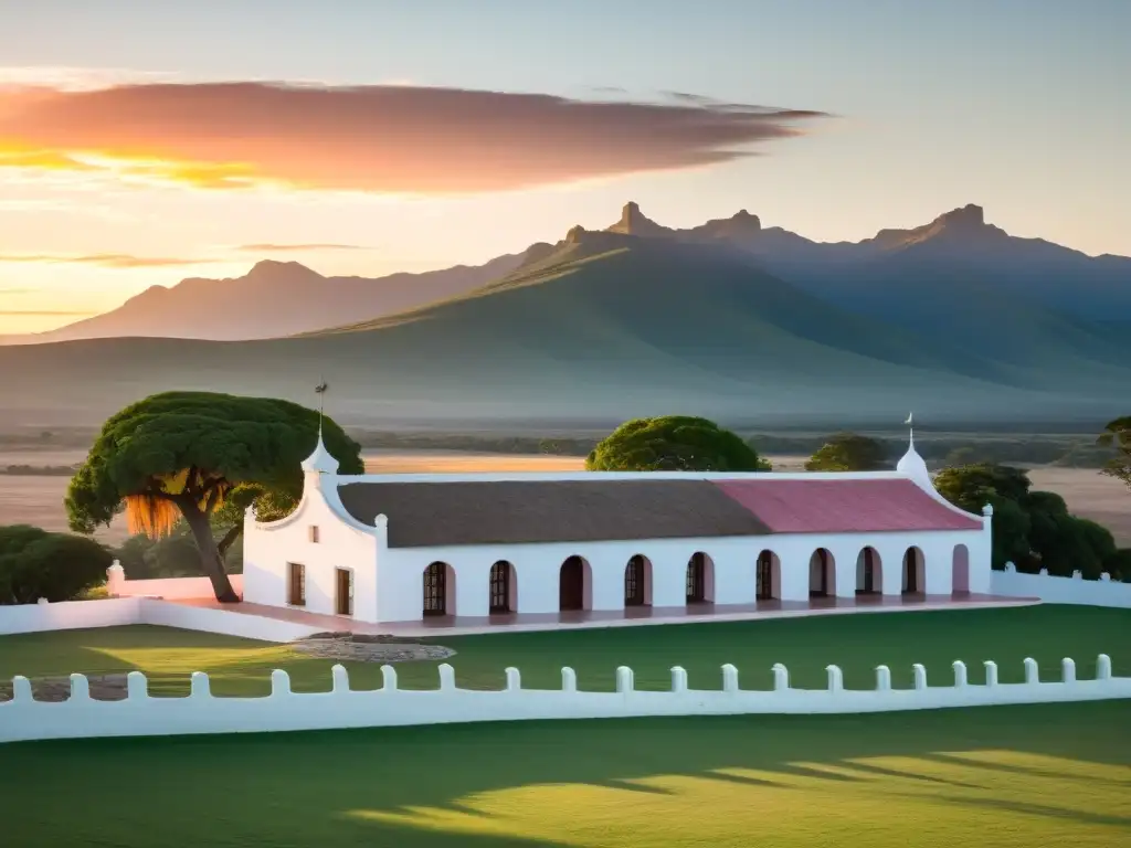 Estancias históricas Uruguay viaje tiempo: amanecer dorado en antigua estancia uruguaya, gaucho solitario y carruaje vintage bajo un cielo rosado