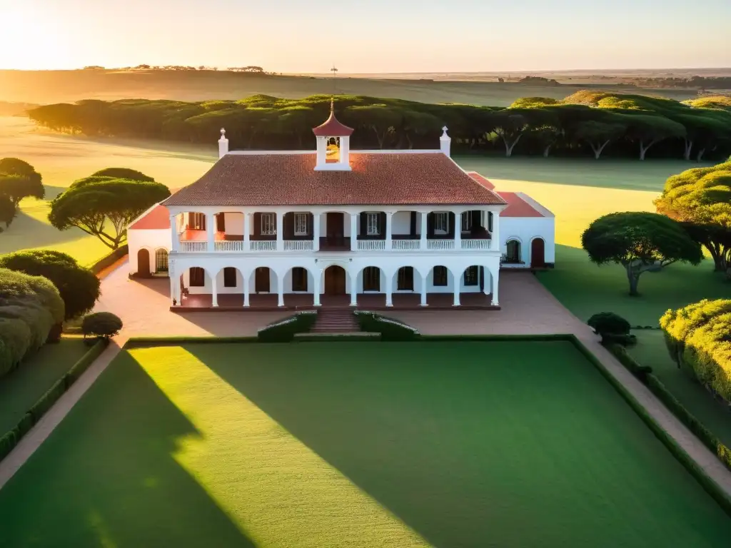 Estancias históricas Uruguay, viaje en tiempo: una mansión colonial bañada por el sol dorado del atardecer, rodeada de naturaleza y ganado