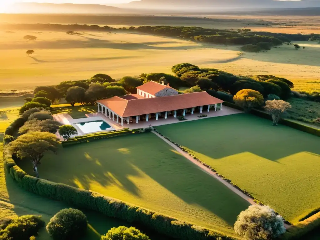 Estancias históricas Uruguay viaje tiempo: Vista aérea del atardecer en una majestuosa estancia uruguaya del siglo XIX, símbolo de tradición