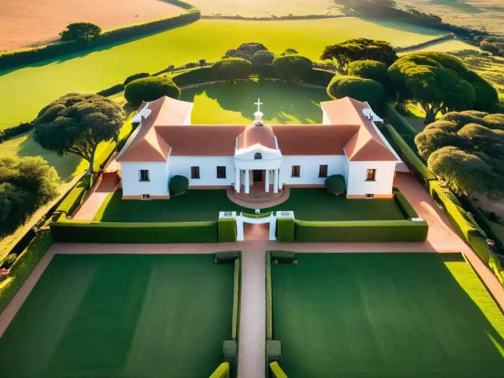 Estancias de lujo en Uruguay: Imagen aérea de una majestuosa hacienda rodeada de verdes campos al atardecer, con gauchos a caballo