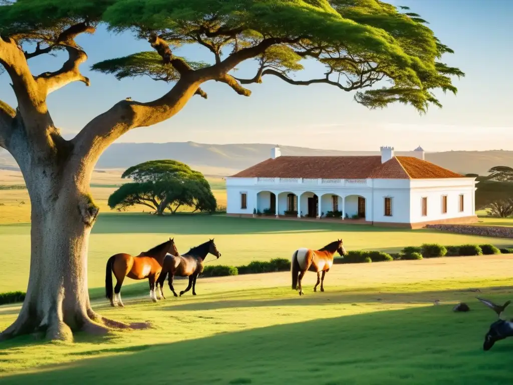 Estancias de lujo en Uruguay: Mansion colonial rodeada de campos verdes, animales pastando y un estanque natural bajo el cálido sol dorado