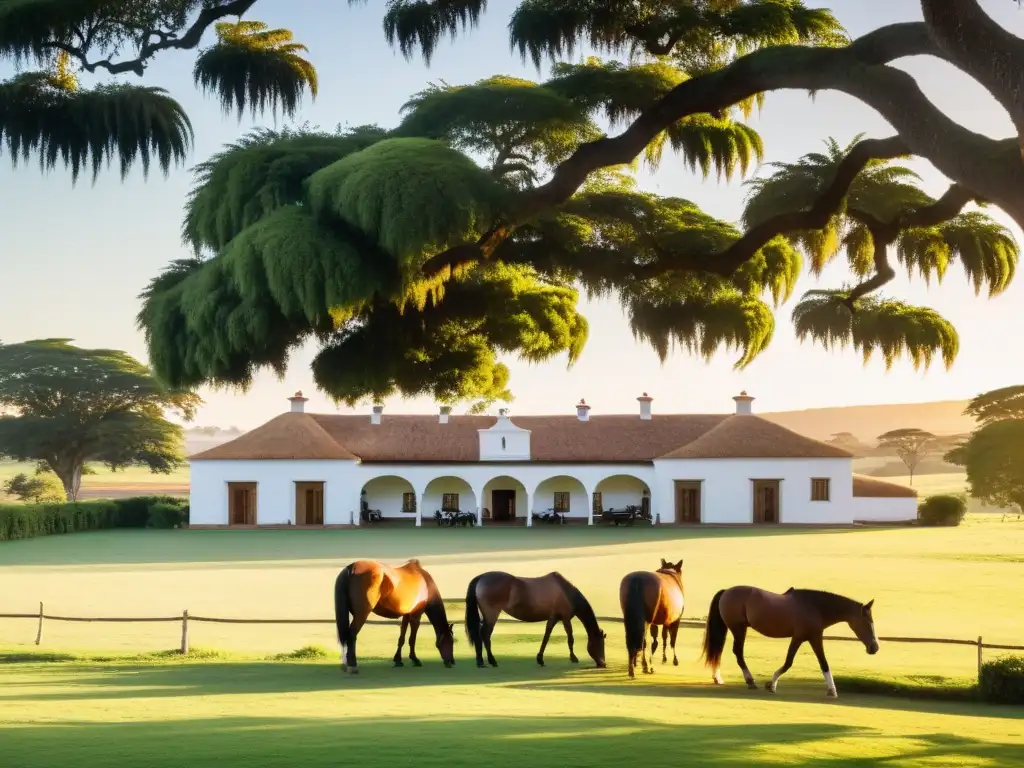 Estancias de lujo en Uruguay: amanecer dorado en la pampa, mansión colonial, caballos y gaucho vigilante