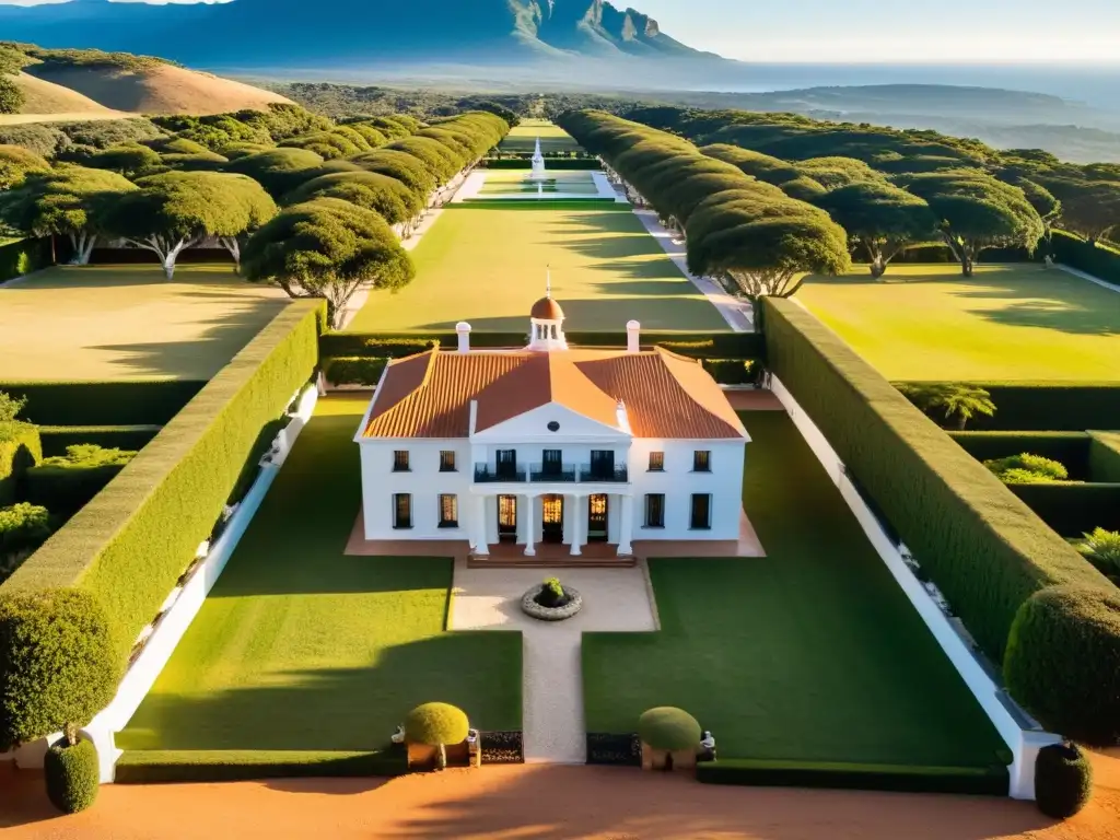 Estancias de lujo en Uruguay: majestuosa casa colonial en el campo, rodeada de antiguos árboles, bajo un cielo pintado de colores cálidos