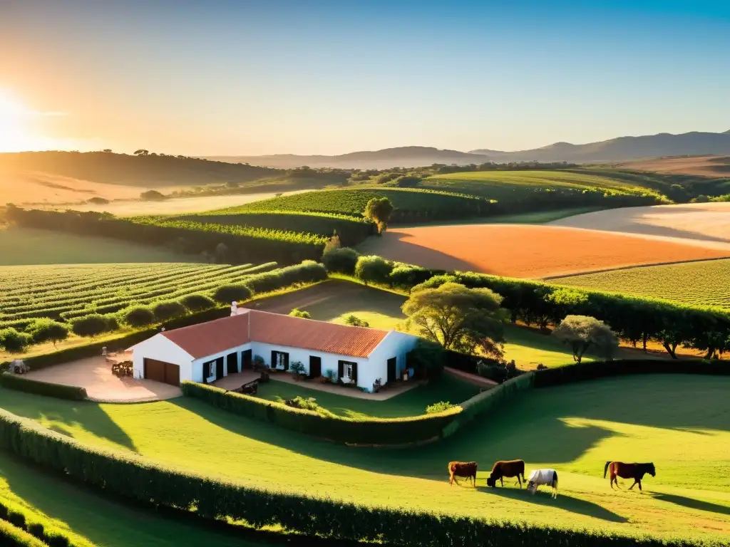 Estancias rurales en Uruguay: atardecer dorado, viñedos frondosos, gauchos trabajando y una mesa lista para un banquete campestre