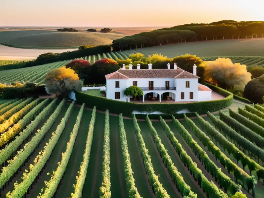 Estancias rurales en Uruguay: viñedos otoñales, casa colonial radiante al atardecer, y un horizonte pintado por el sol poniente