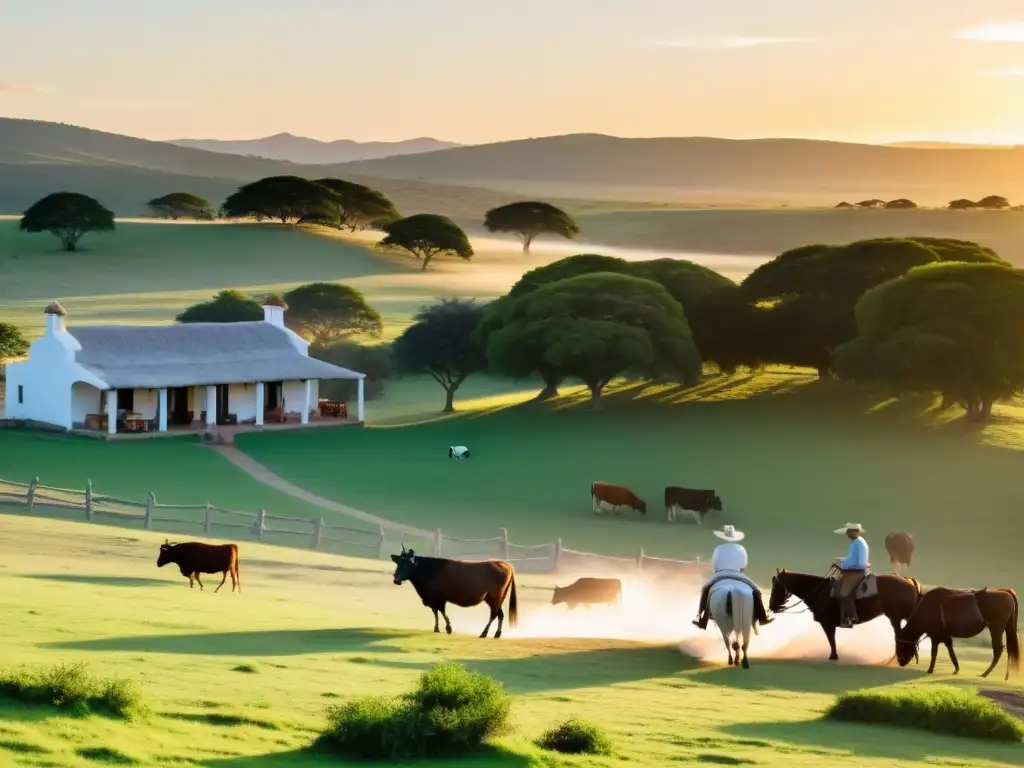 Amanecer en estancias rurales en Uruguay, Gauchos cuidando ganado en prados verdes, viñedos prometiendo cosecha rica