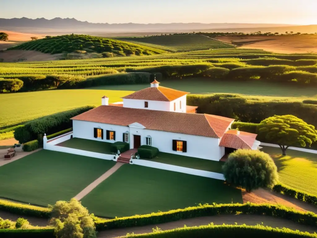 Estancias rurales en Uruguay: vista panorámica de una hacienda al atardecer, con gauchos, viñedo, caballos y un toque de arte y vino