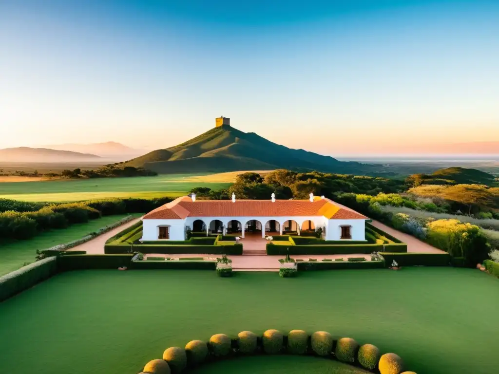 Estancias turísticas de lujo en Uruguay: una encantadora hacienda bañada por el atardecer dorado, rodeada de prados verdes y majestuosas montañas