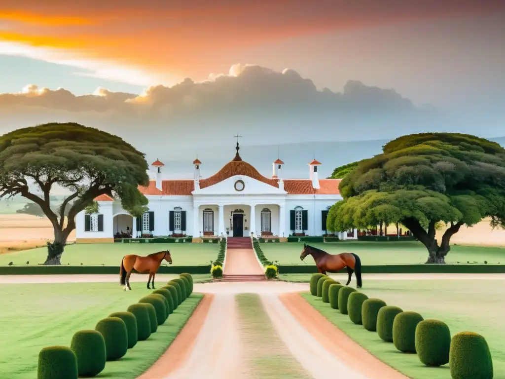 Estancias turísticas de lujo en Uruguay, con un majestuoso rancho colonial, gauchos cuidando caballos y un atardecer dorado