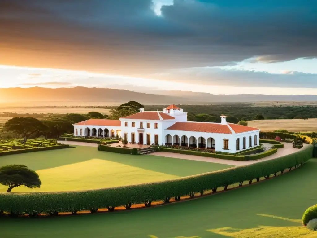 Estancias turísticas de lujo en Uruguay: vista panorámica al atardecer de una opulenta estancia, entre campos verdes y vibrantes