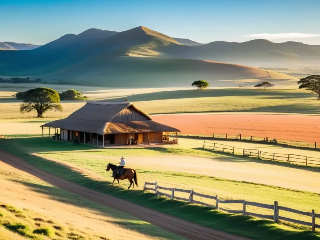 Estancias uruguayas: tradición y belleza del campo, con un gaucho guiando ganado al atardecer dorado