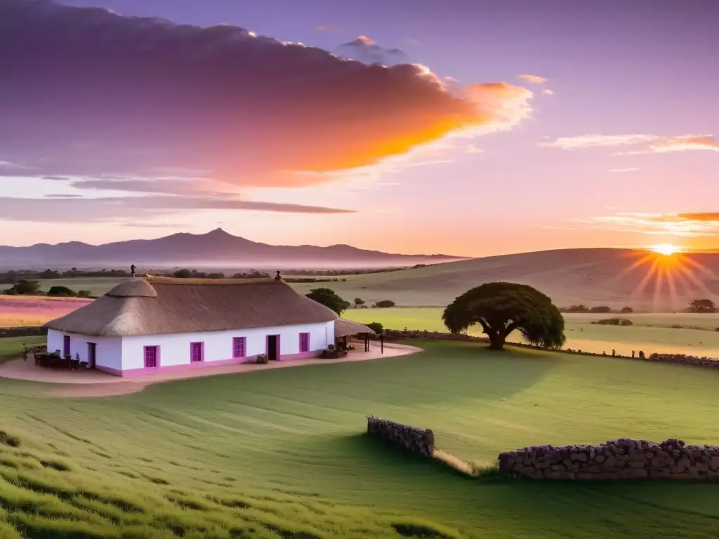 Estancias uruguayas cultura gauchos: amanecer vibrante, gauchos atendiendo ganado Criollo y asado humeante en un paisaje idílico