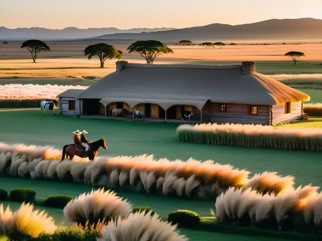 Estancias uruguayas cultura gauchos: atardecer cálido, arquitectura colonial, gauchos alrededor del asado y un Criollo pastando en vastas pampas