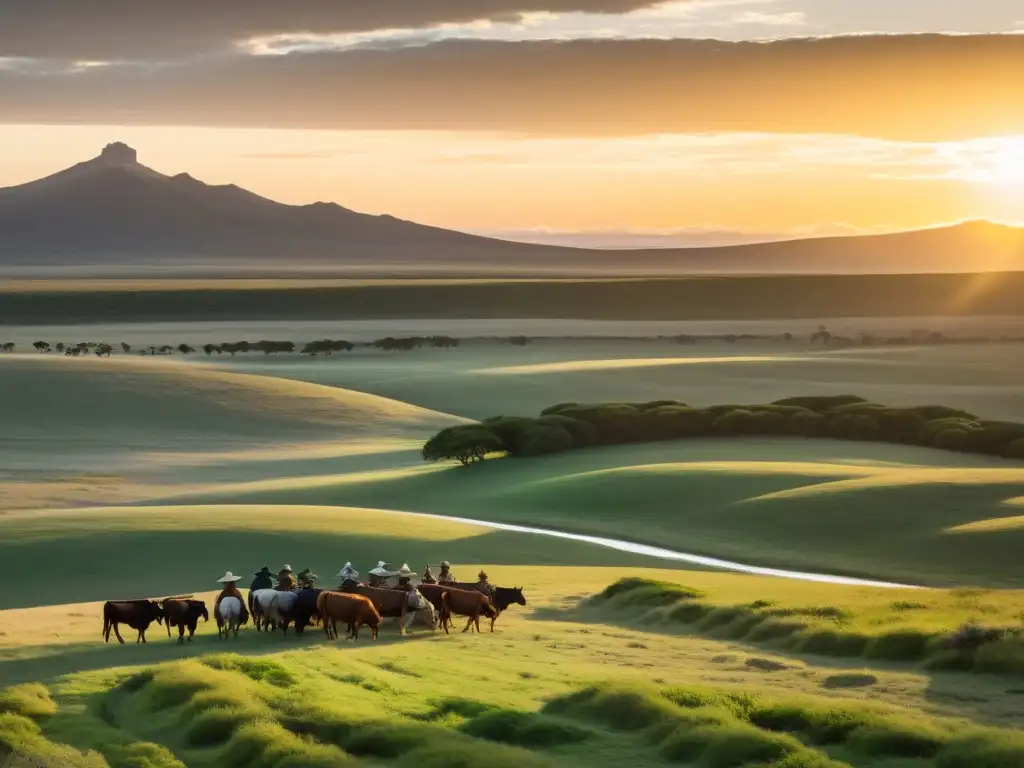 Estancias uruguayas cultura gauchos: un atardecer dorado cubre las llanuras, mientras un gaucho y su rebaño destacan en primer plano