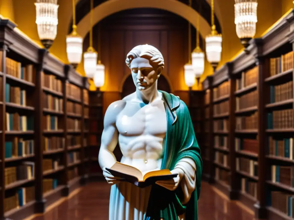 Estatua de mármol de Juan Zorrilla, custodio de las obras literarias antiguas en una vasta biblioteca, con Montevideo al atardecer en el fondo