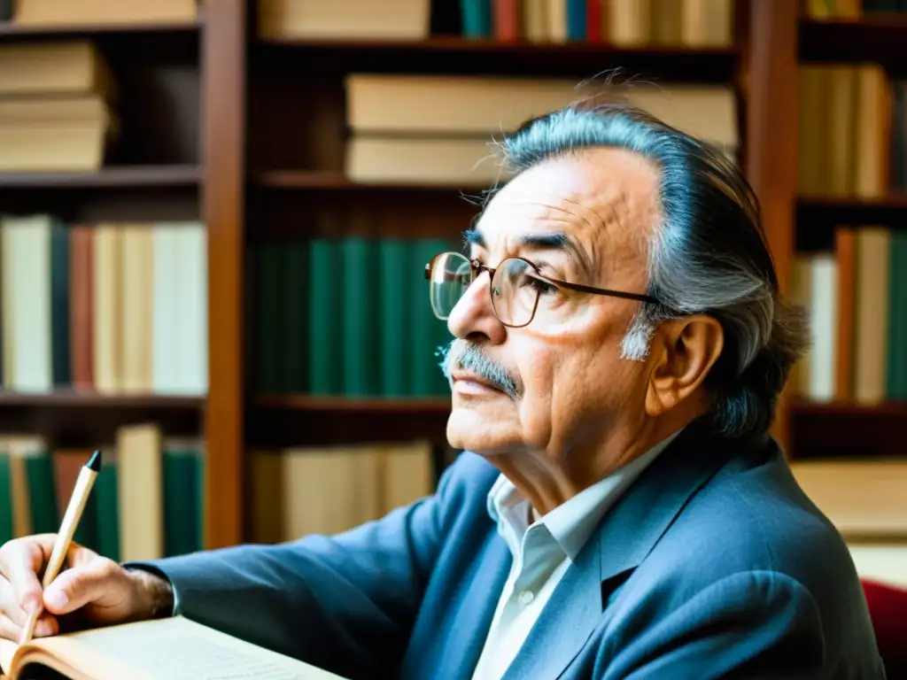 Mario Benedetti en su estudio, rodeado de libros, reflejando su influencia en la literatura uruguaya, sumido en la creación