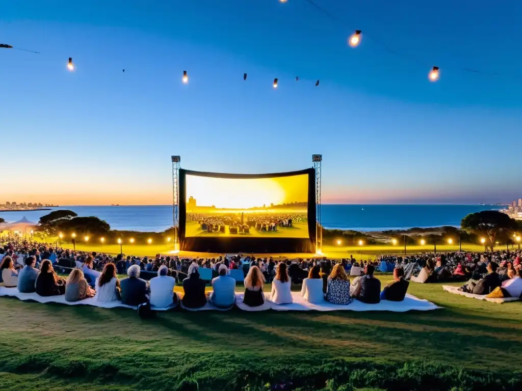 Evento de cine al aire libre en Montevideo, Uruguay: luces de hadas, skyline vibrante, y amantes del cine bajo un cielo estrellado