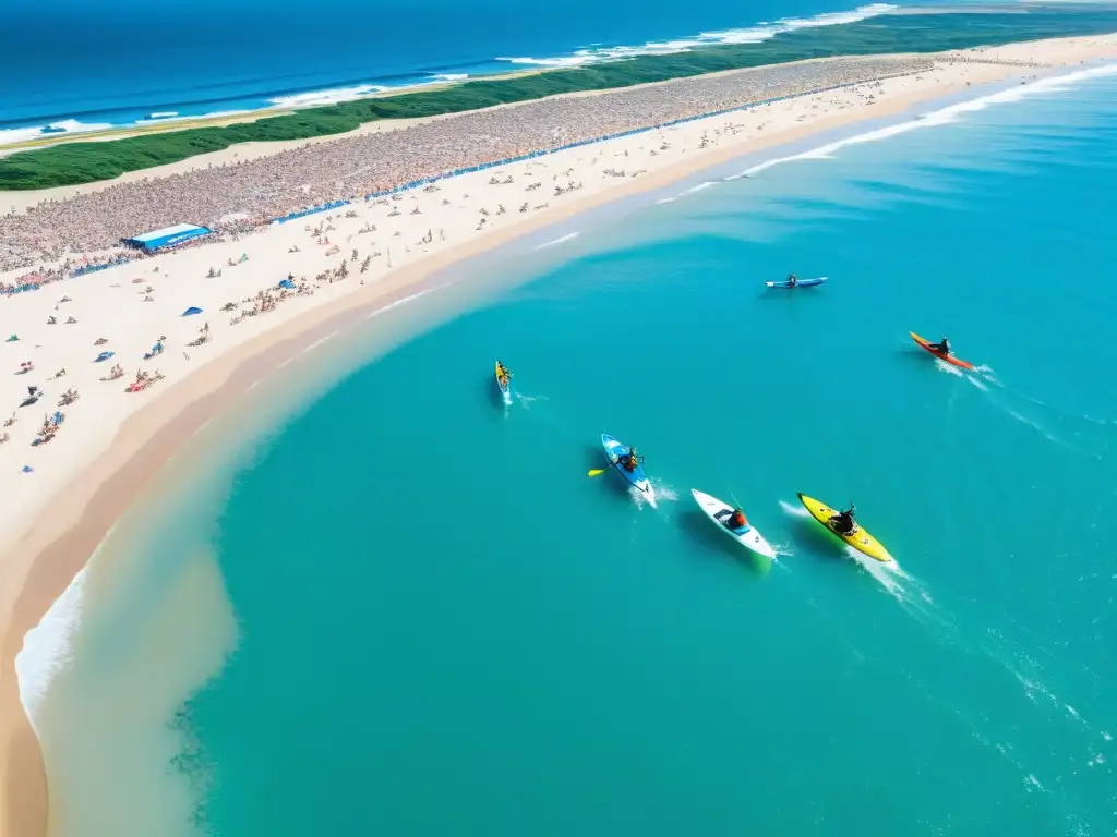 'Eventos acuáticos en playas uruguayas llenas de actividad, atletas en el océano azul, espectadores entusiasmados y comida tradicional