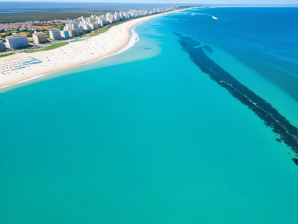 Eventos acuáticos en playas uruguayas llenas de vida, colores y deportes, bajo un cielo azul radiante y festivo