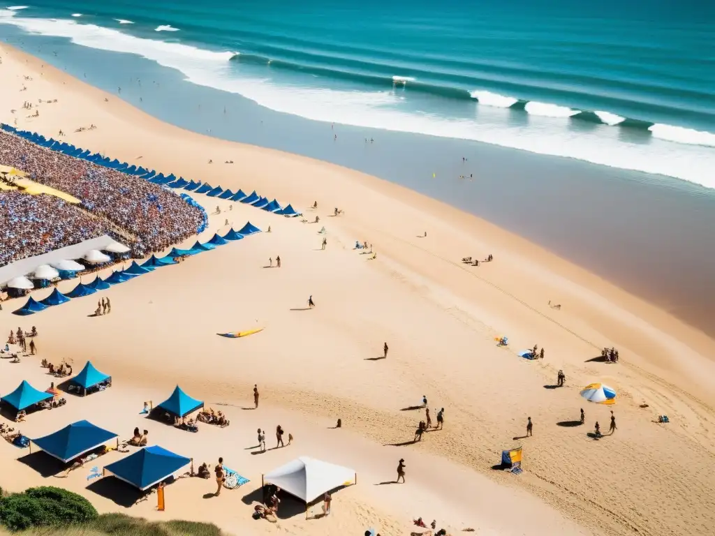 Eventos acuáticos en playas uruguayas llenas de vida, con atletas preparados para competir bajo un sol vibrante y espectadores emocionados