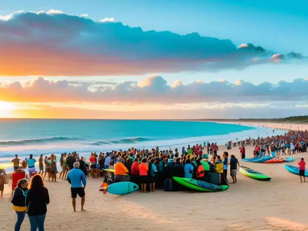 Eventos acuáticos en playas uruguayas, llenos de risas y alegría, bajo un cielo de colores vibrantes al atardecer