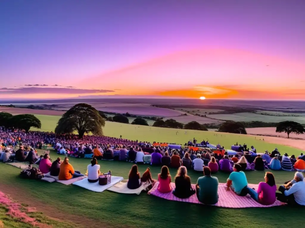 'Eventos al aire libre Uruguay 2022, comunidad vibrante disfrutando de música, comidas locales y kites en un atardecer espectacular'