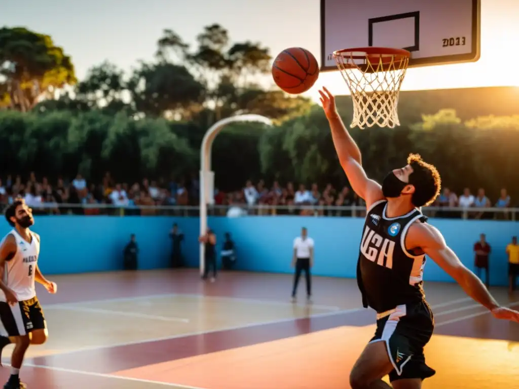 Eventos de baloncesto en Uruguay: jugador destacado saltando hacia la canasta bajo el sol dorado, con espectadores emocionados y bandera ondeando