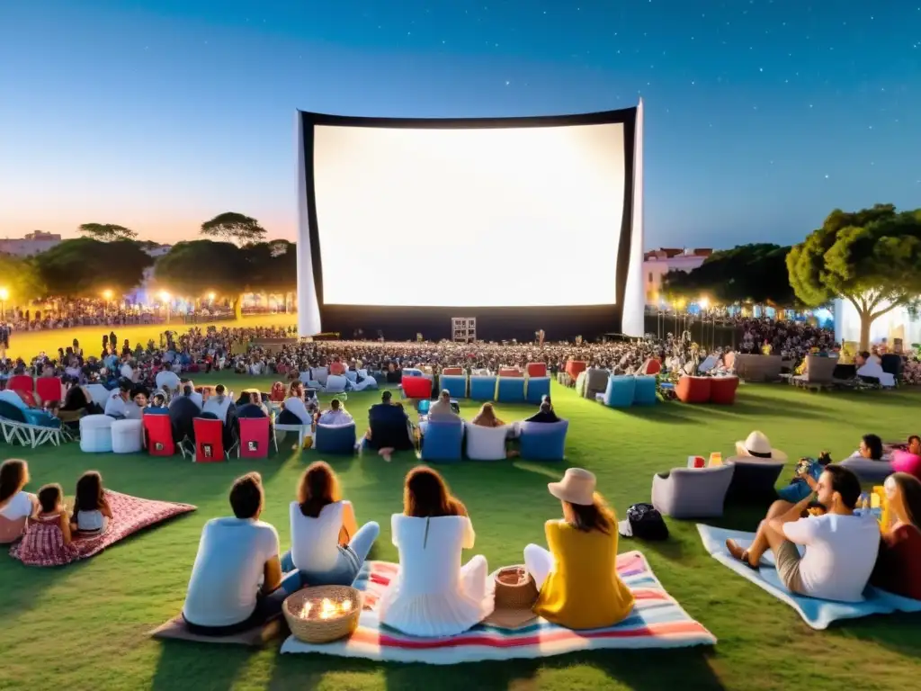 Eventos de cine al aire libre en Uruguay, una vibrante mezcla de risas, vino y sabores tradicionales bajo un cielo estrellado