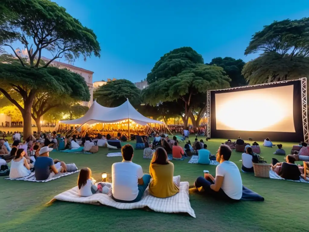 Eventos de cine al aire libre en Uruguay: Fervoroso público disfrutando de una película, bajo un cielo estrellado en un parque urbano